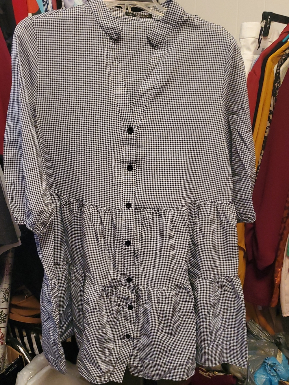 Gingham Button-Front Midi Dress in Black and White
